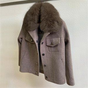 Faux Fur Collar Wool Jackets Pockets Coats Women